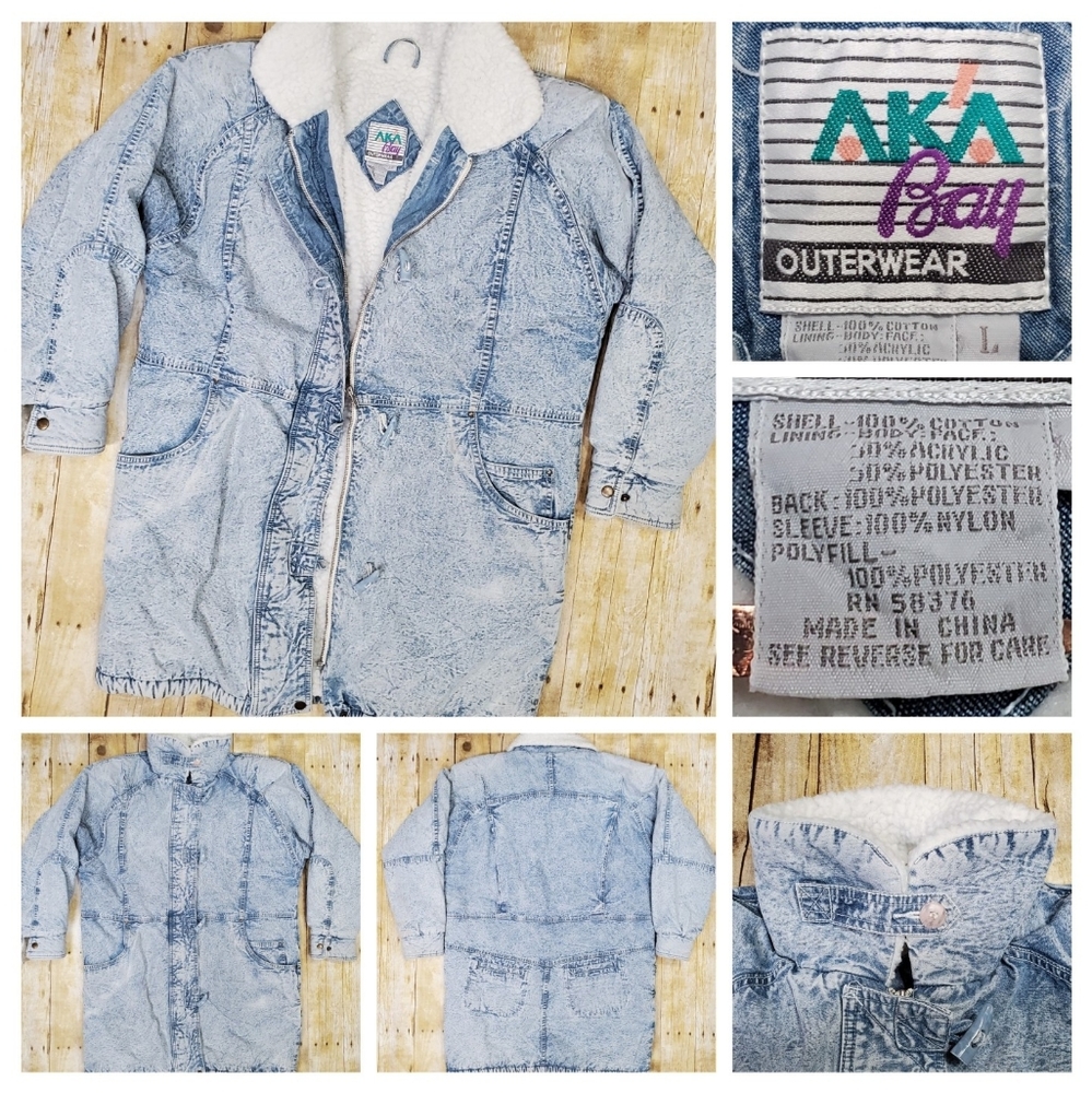 Vintage 90s AKA BAY Acid Wash Long Denim Sherpa Lined Jacket Women's L Parka EUC